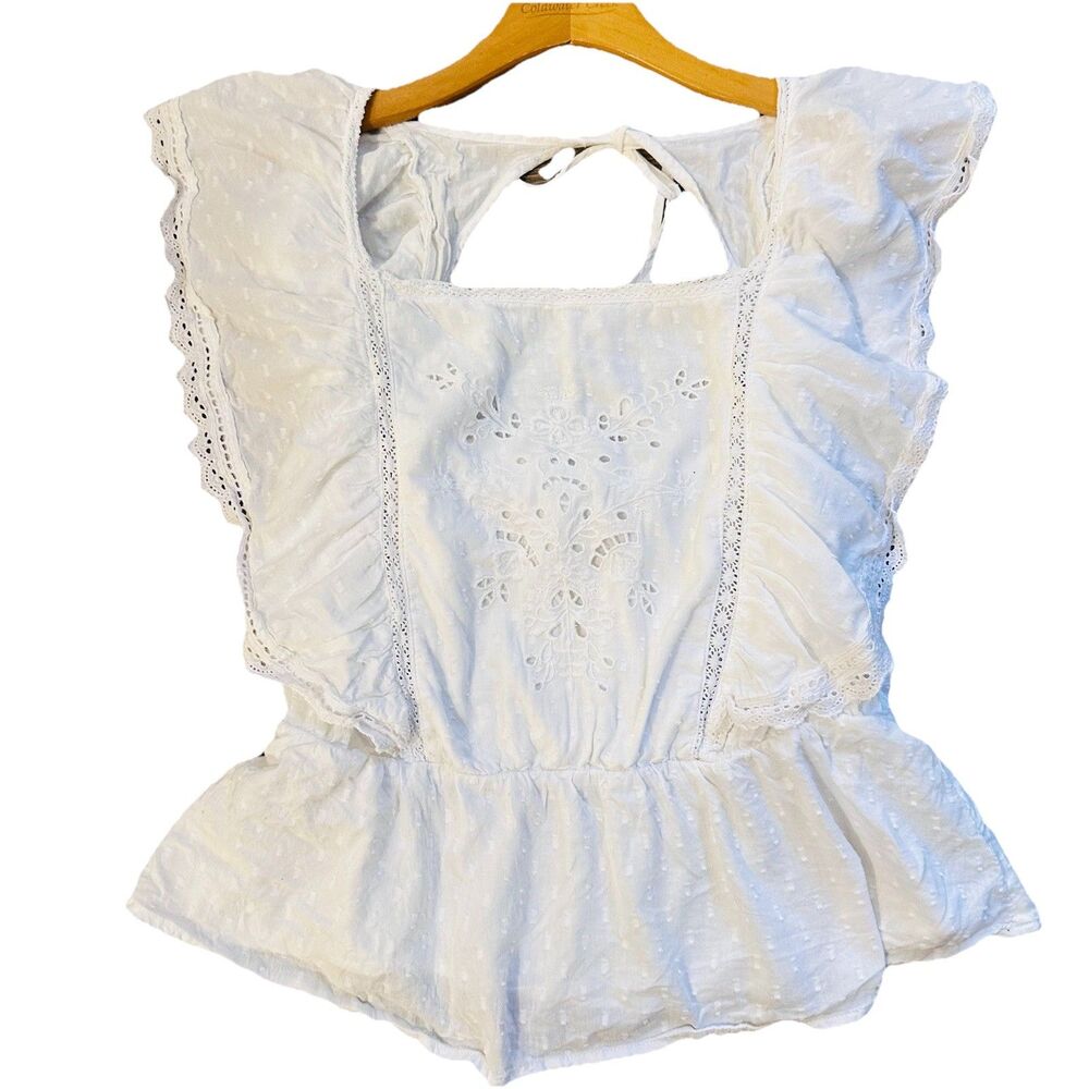 Old Navy Embroidered Top Blouse Peasant Flutter Sleeve SZ L Cotton White Boho - Picture 6 of 9
